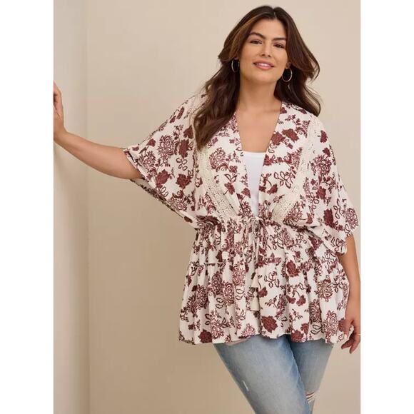 torrid Accessories - Torrid Lace Trim Tie Waist Kimono Brown White Floral 5X Spring Summer Boho